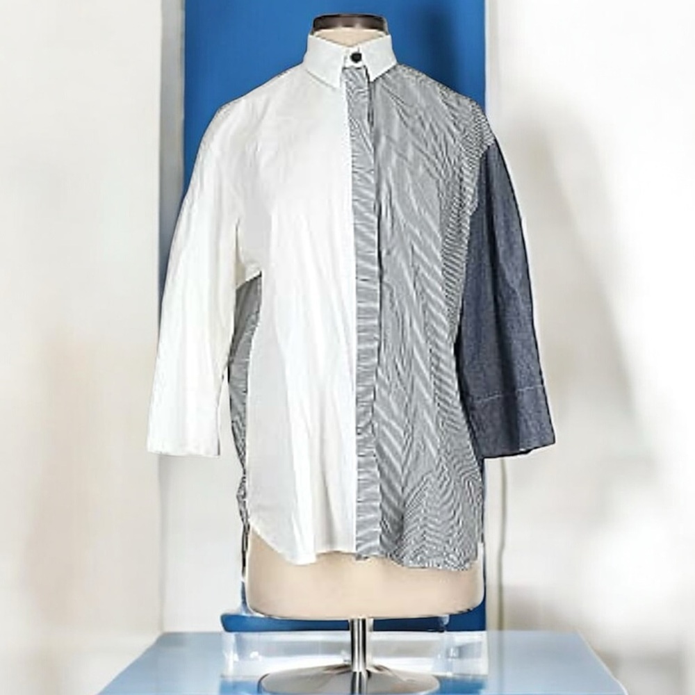 Planet Blue White Stripe Button‎ Front Shirt Womens 1 4-8 Long Sleeve Colorblock